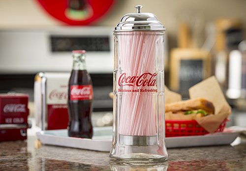 Tablecraft Coca-Cola Dispensador de pajita de vidrio con tapa de metal, pequeño