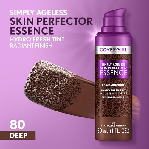 Covergirl Simply Ageless Skin Perfector Essence Foundation, 80 Deep, Tinted Skin Perfector, Skincare Makeup Hybrid, Sheer Tint, Radiant Finish, Skin-Like Finish, Vegan Formula, 1.0oz