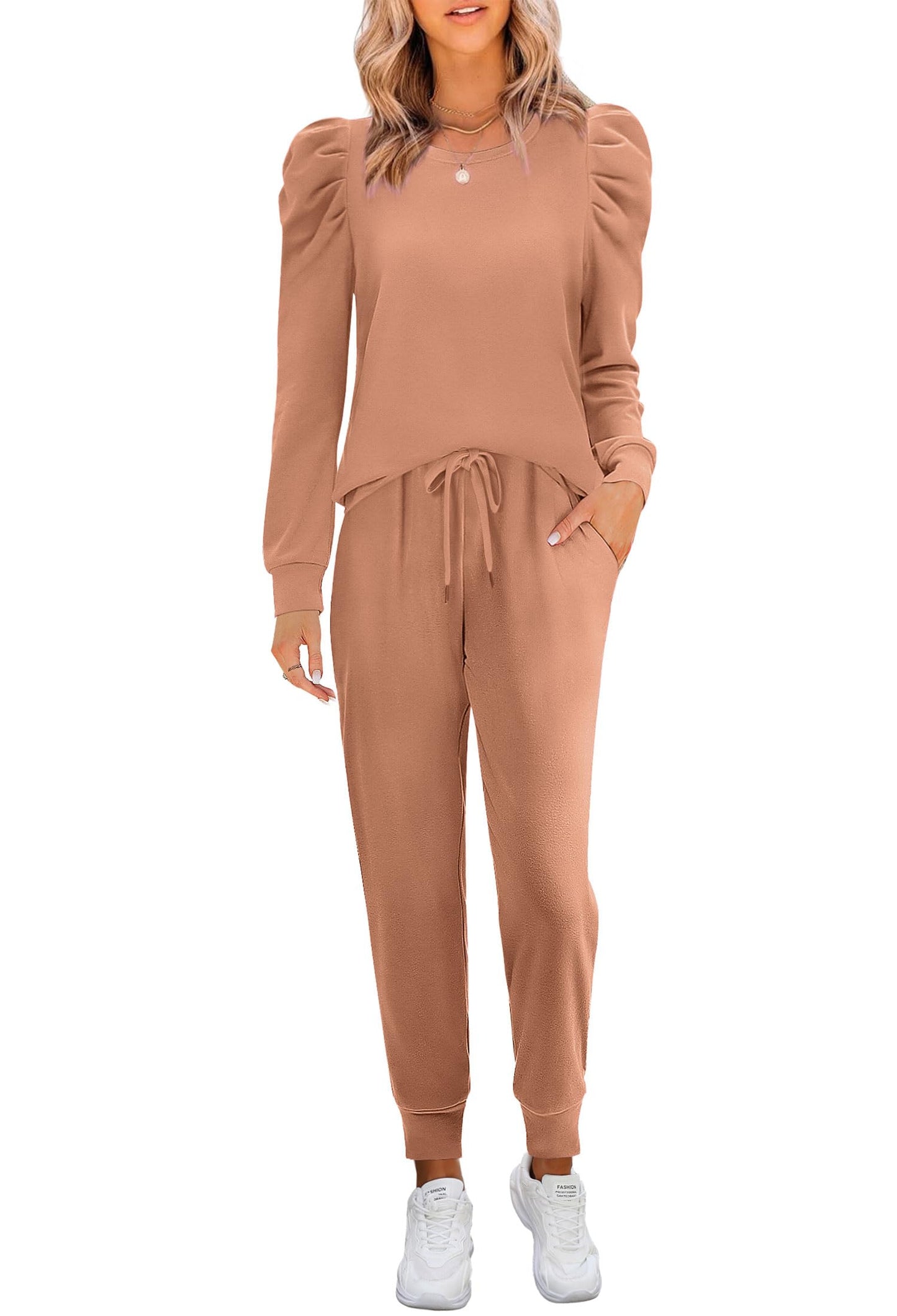 Onedreamer Lounge Sets for Women 2 Piece Pullover Puff Sleeve Sweat and Long Trousers Matching Set Tracksuits Sweatsuits (Light brown,S)