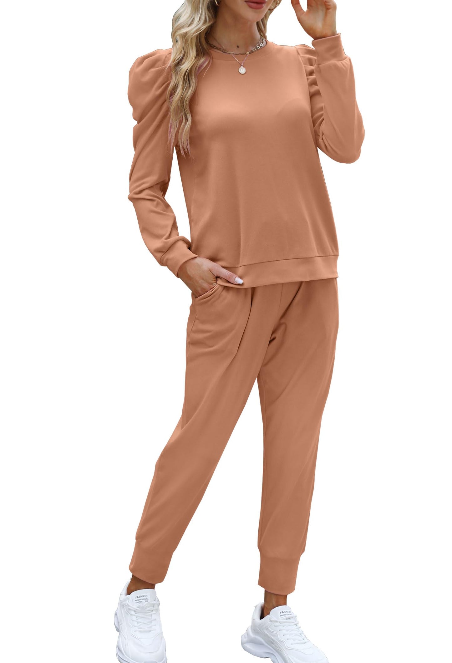 Onedreamer Lounge Sets for Women 2 Piece Pullover Puff Sleeve Sweat and Long Trousers Matching Set Tracksuits Sweatsuits (Light brown,S)