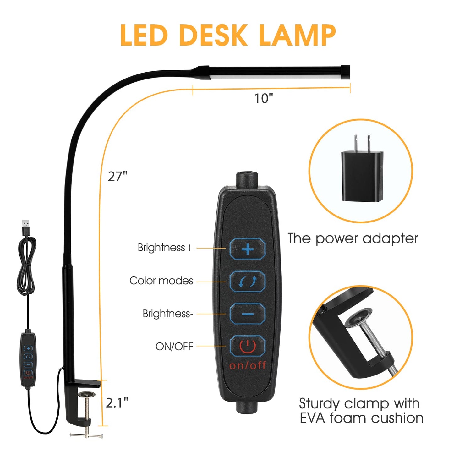 Voncerus Lámpara de escritorio LED con abrazadera, luces con clip para el cuidado de los ojos para oficina en casa, 3 modos 10 brillo, cuello de cisne largo y flexible, metal, brazo oscilante Arquitecto Lámparas de mesa con adaptador USB, negro