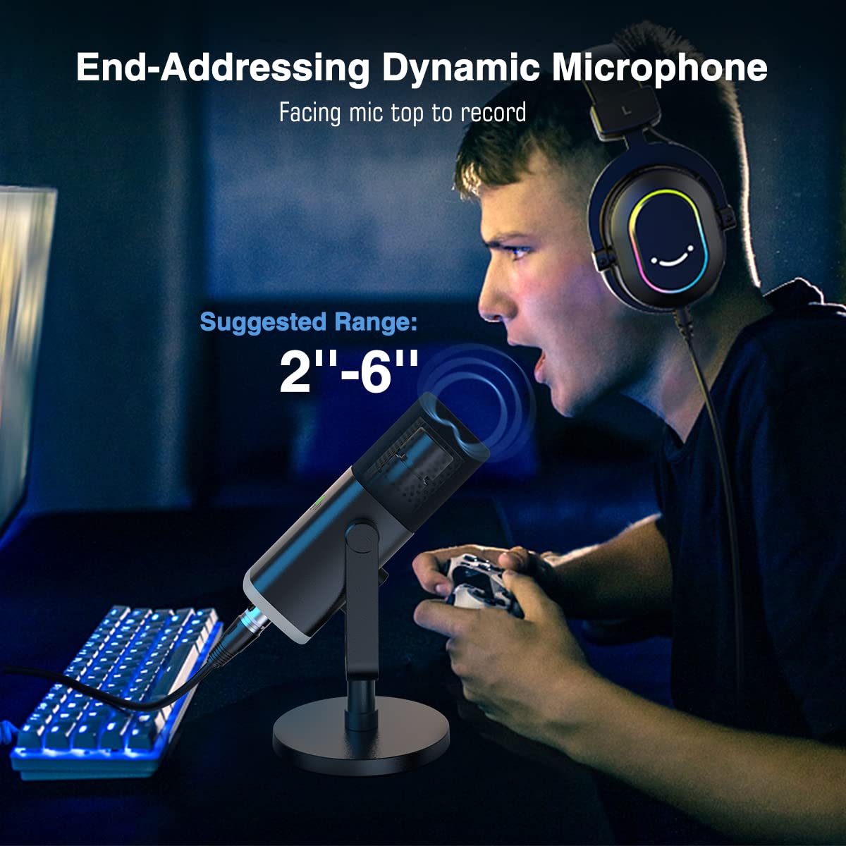 FIFINE XLR/USB Dynamic Microphone for Podcast Recording, PC Computer Gaming Streaming Mic with RGB Light, Mute Button, Headphones Jack, Desktop Stand, Vocal Mic for Singing YouTube-AmpliGame AM8