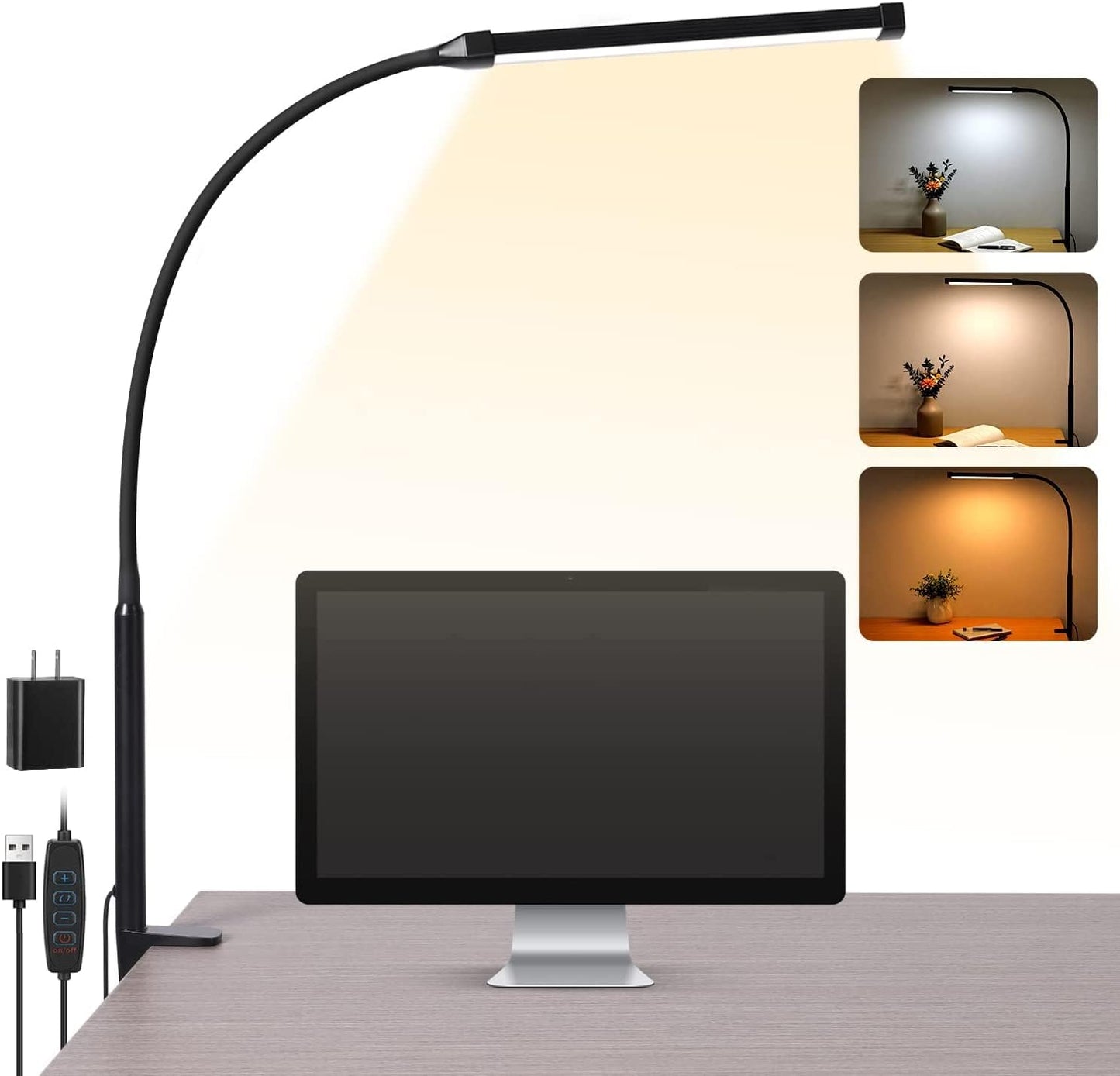 Voncerus Lámpara de escritorio LED con abrazadera, luces con clip para el cuidado de los ojos para oficina en casa, 3 modos 10 brillo, cuello de cisne largo y flexible, metal, brazo oscilante Arquitecto Lámparas de mesa con adaptador USB, negro