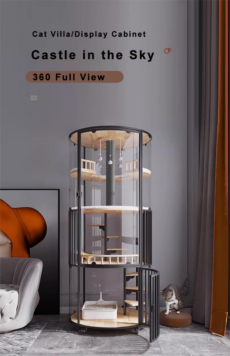 CAEKSALI Cat Villa House Cage Glass Panoramic Rotatable Cylindrical Luxury Cat Villa Cat Litter with Toilet Solid Wood Cat House Cat Houses for Indoor Cats Pet Villa