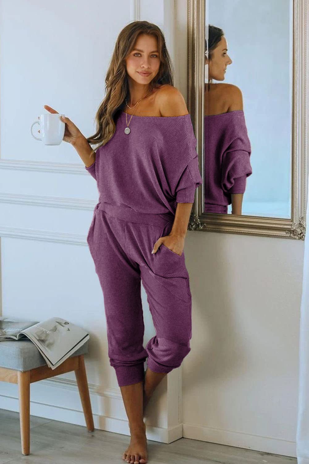 PRETTYGARDEN Women's 2 Piece Ribbed Tracksuit Outfits Off Shoulder Long Sleeve Pullover Lounge Pants with Pockets (Purple Red,Small)