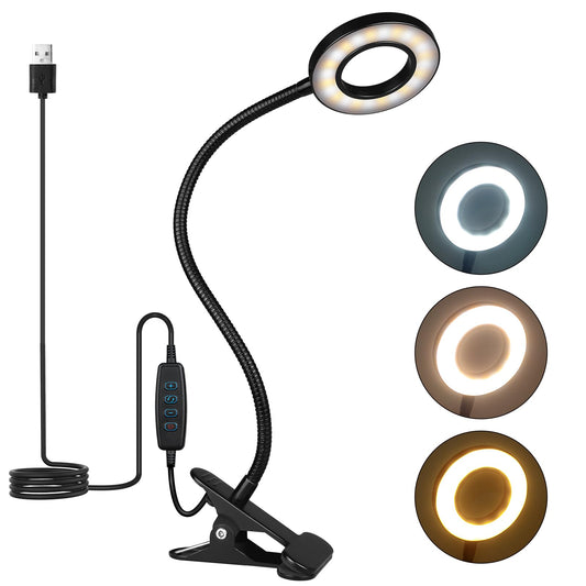 iVict Desk Lamp Clip on Light, 48 LEDs USB Clip Ring Light with 3 Color Modes 10 Dimmable Brightness, Eye Protection Desk Light, 360° Flexible Gooseneck for Desk Headboard Reading