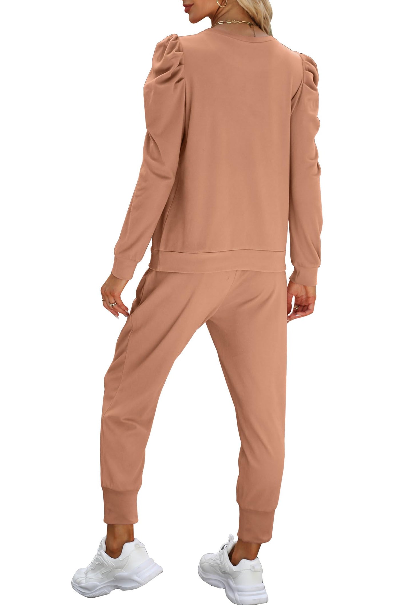 Onedreamer Lounge Sets for Women 2 Piece Pullover Puff Sleeve Sweat and Long Trousers Matching Set Tracksuits Sweatsuits (Light brown,S)