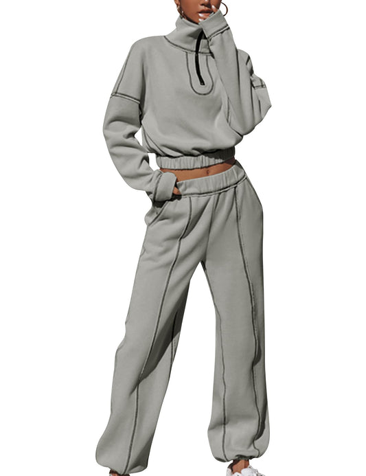 Eisctnd Fleece 2 Piece Outfits Half Zipper Jogger Set Crop Sweat Suits for Womens 2 piece Sweatpants Tracksuit Set LightGrey S