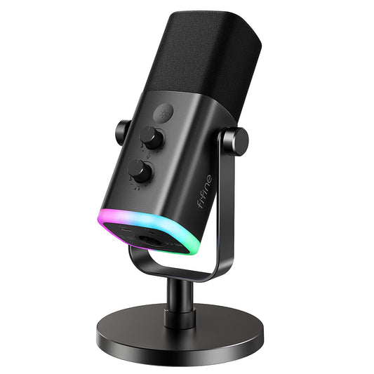 FIFINE Micrófono dinámico XLR/USB para grabación de podcasts, micrófono de transmisión para juegos de computadora con luz RGB, botón de silencio, conector para auriculares, soporte de escritorio, micrófono vocal para cantar YouTube-AmpliGame AM8