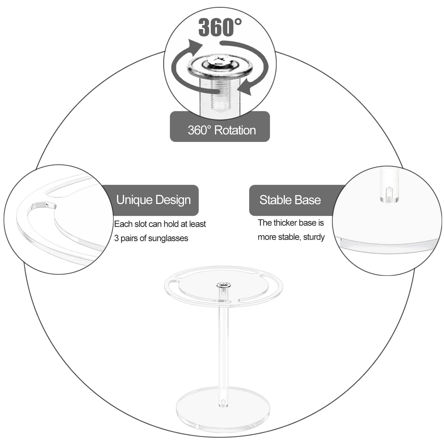 Bigfety Soporte acrílico para gafas de sol con rotación de 360 ​​grados, estante de exhibición para gafas, organizador de mesa transparente