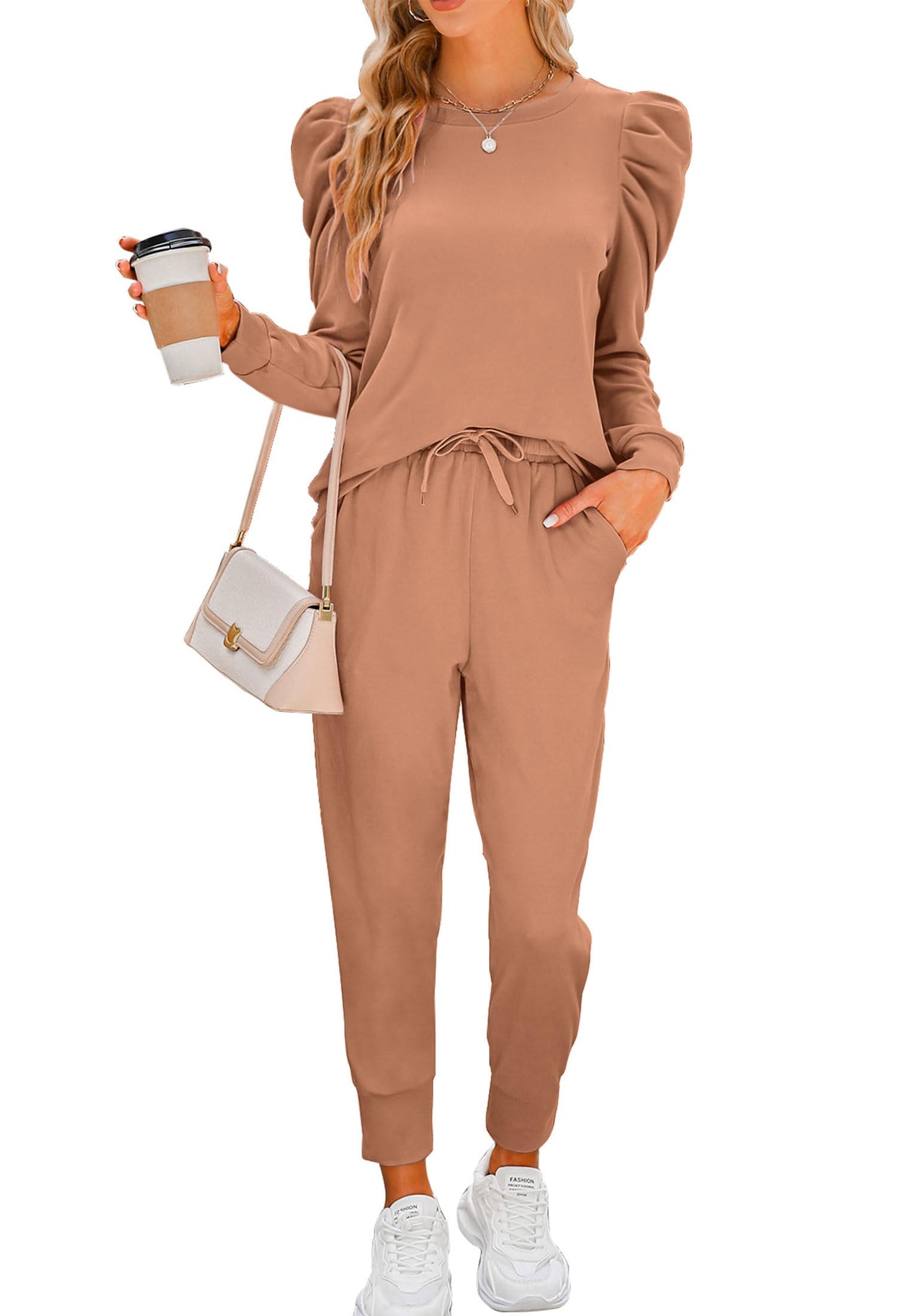 Onedreamer Lounge Sets for Women 2 Piece Pullover Puff Sleeve Sweat and Long Trousers Matching Set Tracksuits Sweatsuits (Light brown,S)