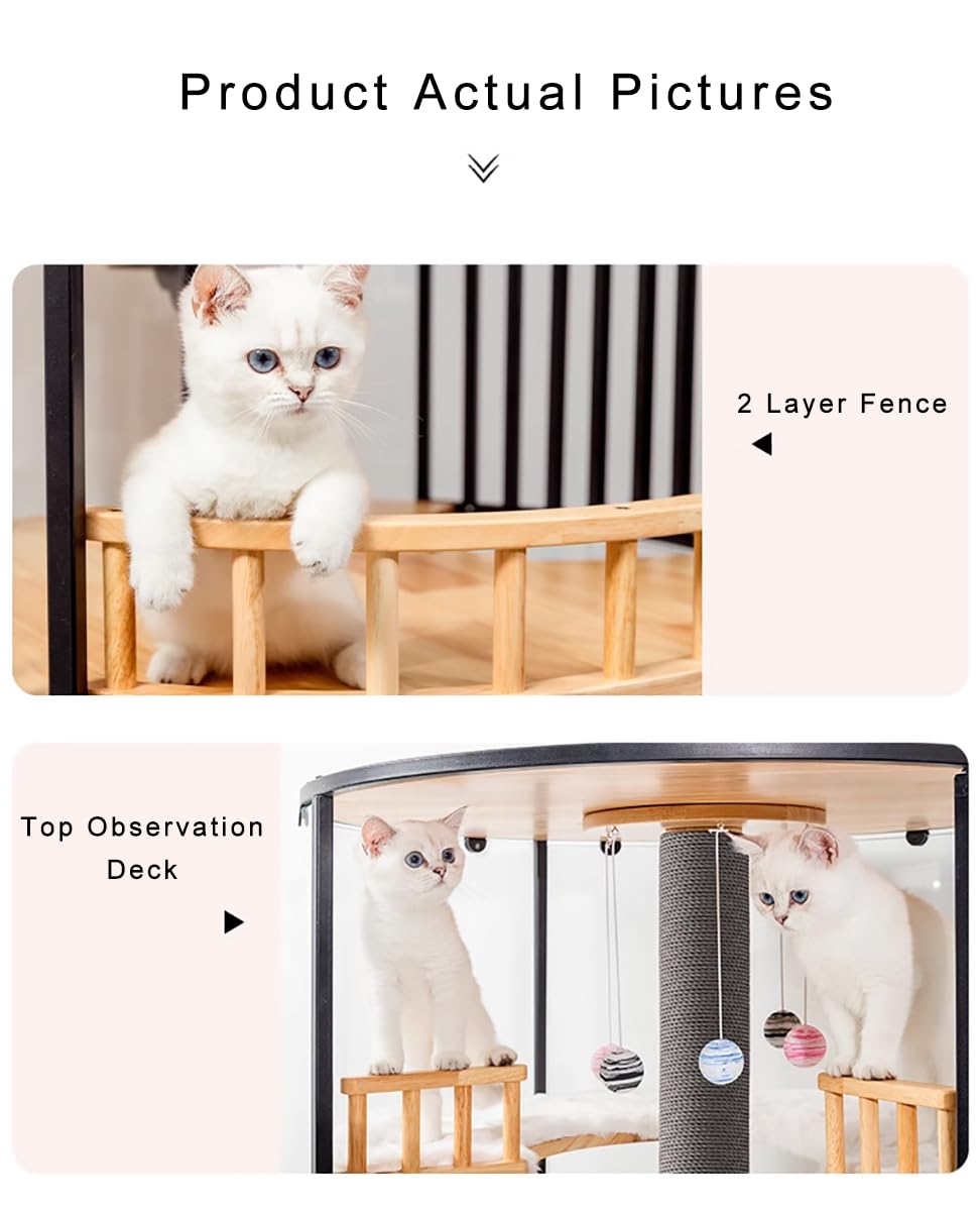 CAEKSALI Cat Villa House Cage Glass Panoramic Rotatable Cylindrical Luxury Cat Villa Cat Litter with Toilet Solid Wood Cat House Cat Houses for Indoor Cats Pet Villa