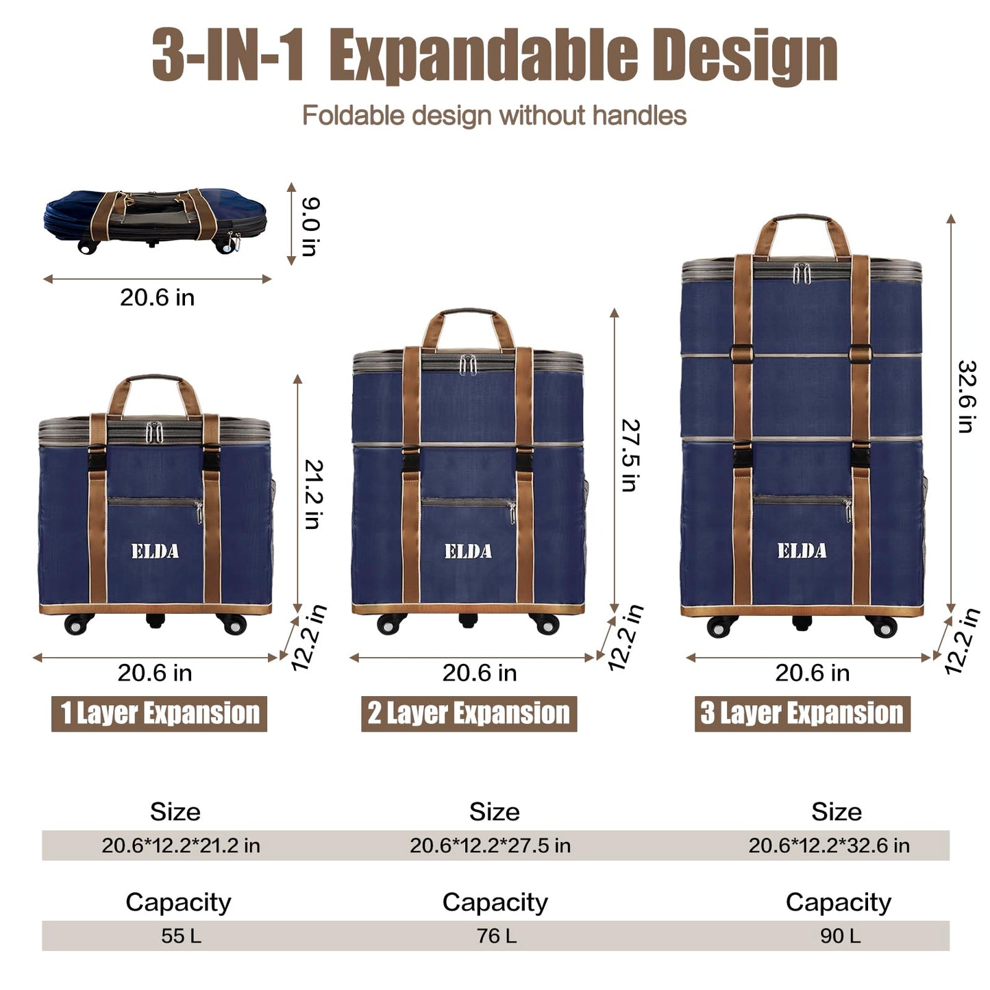 ELDA Expandable Foldable Luggage Suitcase Large Rolling Collapsible Duffle Bag Travel Suitcases with Wheels for Men Women