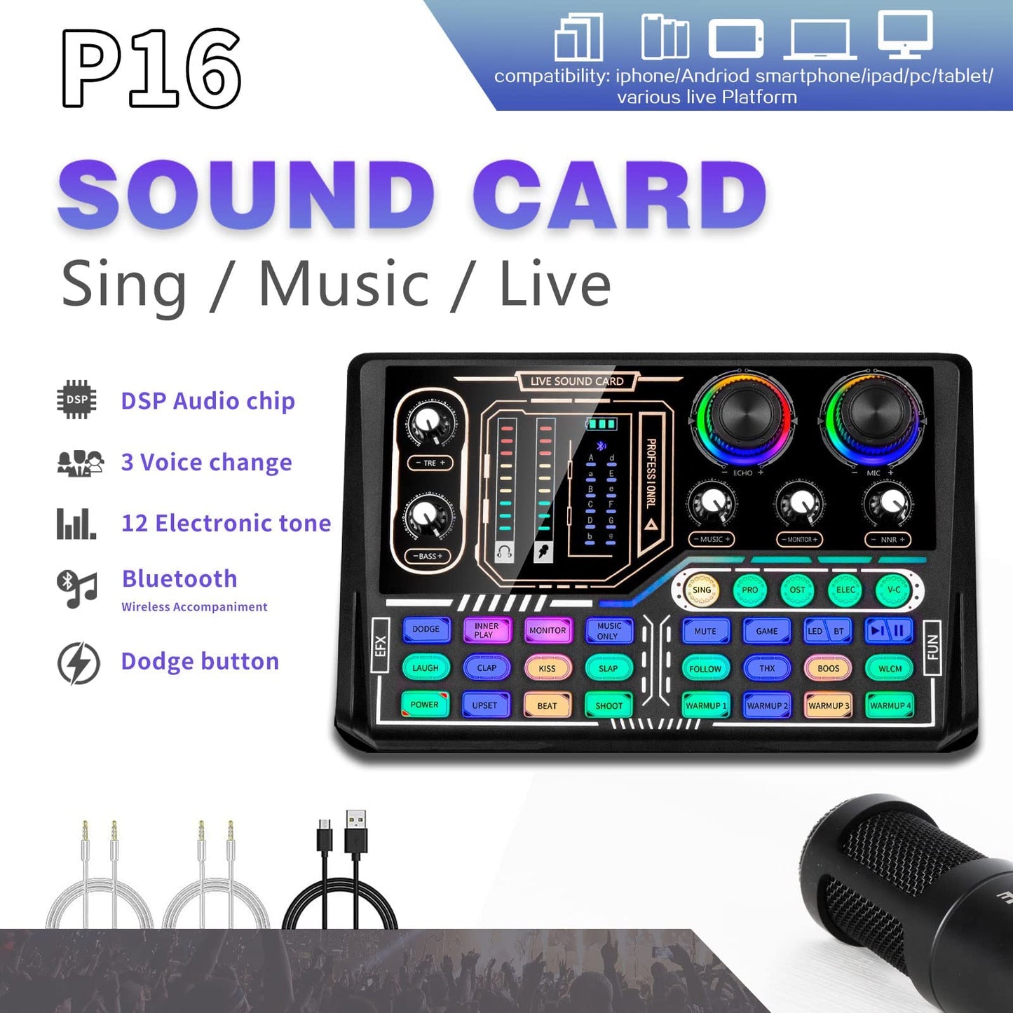 Podcast Equipment Bundle, Sound Card,Sound Board,Professional DJ Audio Interface Mixer, Portable ALL-IN-ONE Podcast Production Studio with XLR Microphone for Live Streaming, Recording and Gaming