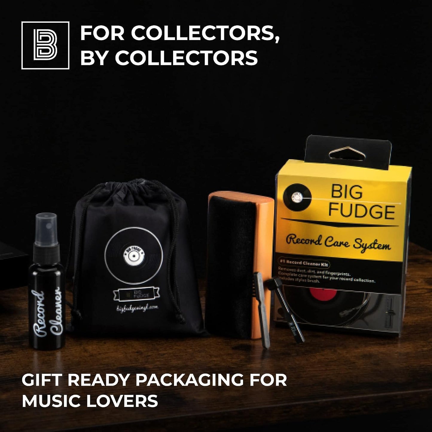 Big Fudge Vinyl Record Cleaning Kit - Complete 4-in-1 - Includes Ultra-Soft Velvet Record Brush, XL Cleaning Liquid, Stylus Brush and Storage Pouch! Will NOT Scratch Your Records