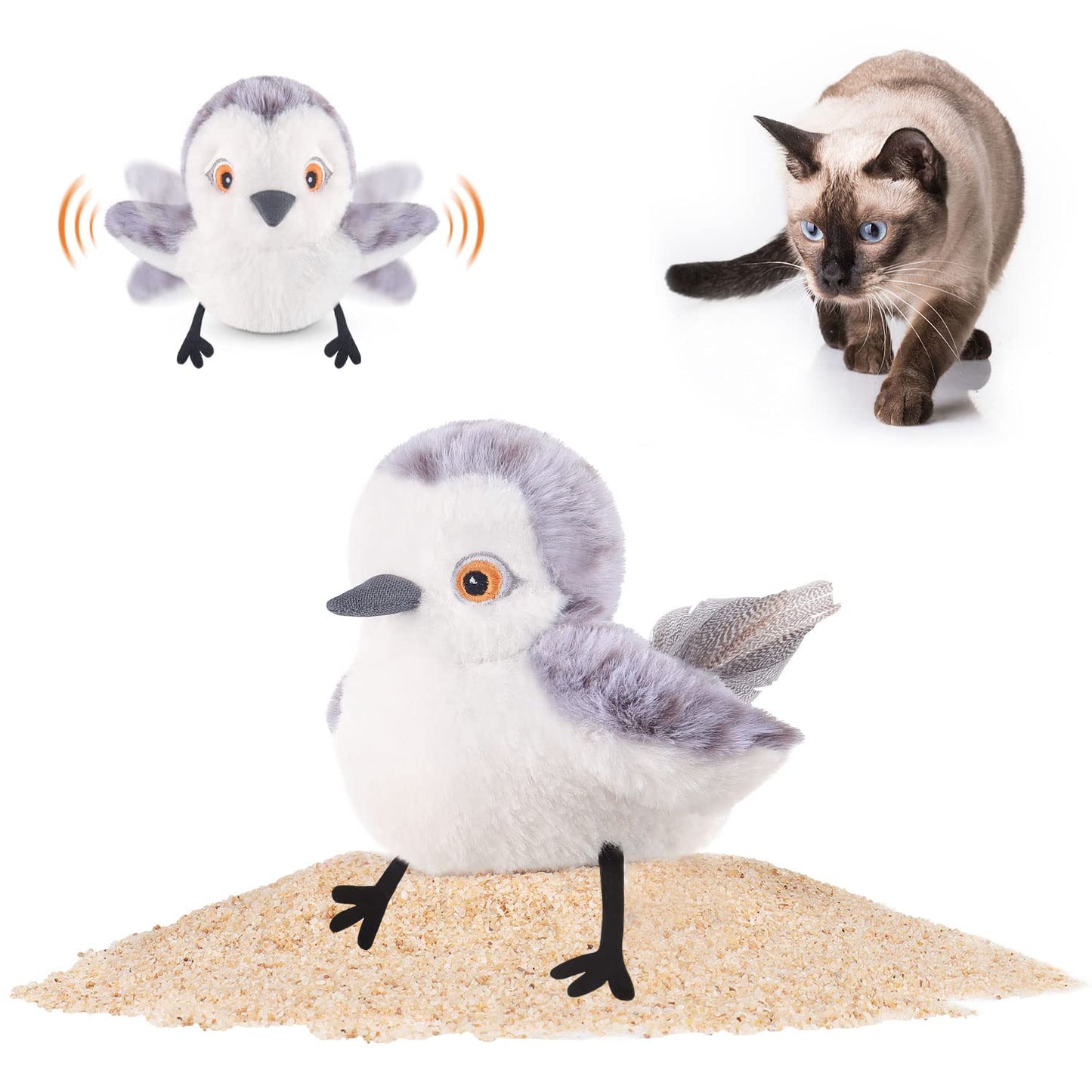 Potaroma Juguetes para gatos Flapping Bird (sin vuelo), realista Sandpiper Chirp Tweet, recargable táctil activado gatito juguete interactivo gato ejercicio juguetes para todas las razas gato Kicker Catnip juguetes 4.0"