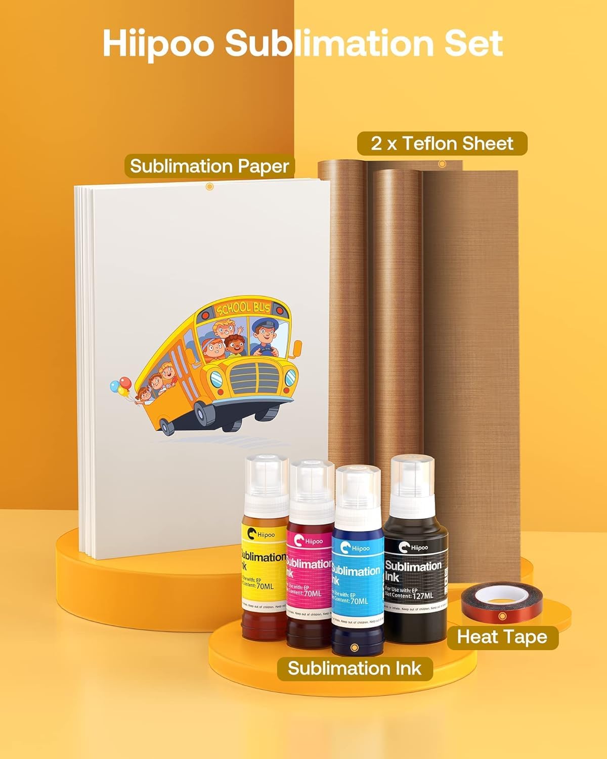 Hiipoo Sublimation Ink Set with 110 Sheet Sublimation Paper 8.5x11” 125G, 2 Pack Teflon Sheet, Heat Tape compatible for Inkjet Printer ET-2720 ET-2760 ET-2800 ET-2803 ET-2400 ET-4700 ET-4800 ET-15000