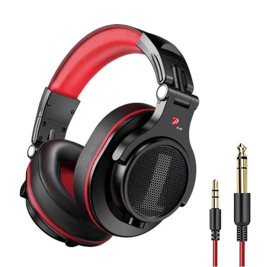 Prosonic DJ2R - Auriculares supraaurales con cable y controlador de 40 mm, auriculares plegables y ligeros con puerto compartido y micrófono para grabación, monitoreo, mezcla, podcast, guitarra, PC, TV (negro rojo)