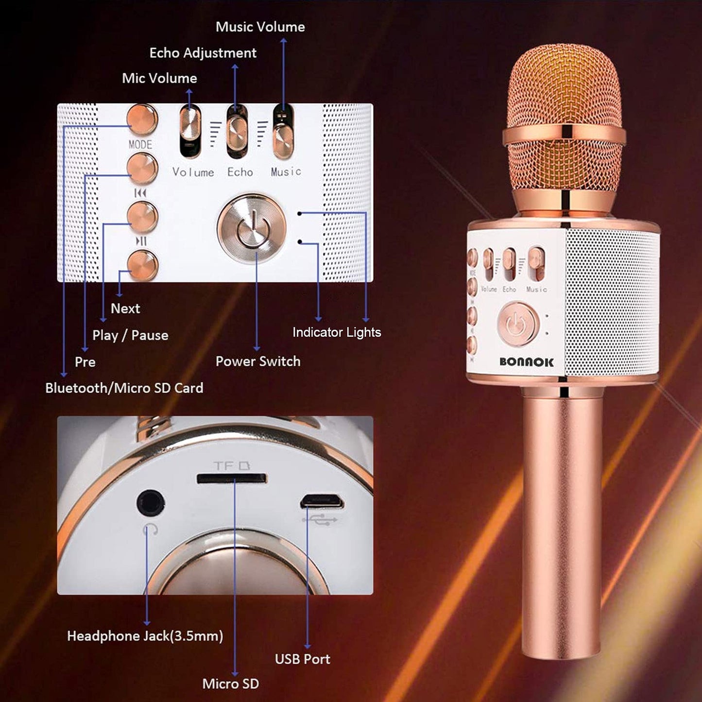 BONAOK Micrófono inalámbrico de karaoke Bluetooth, altavoz portátil 3 en 1 para todos los teléfonos inteligentes, regalos para niñas, niños, adultos de todas las edades Q37 (oro rosa)
