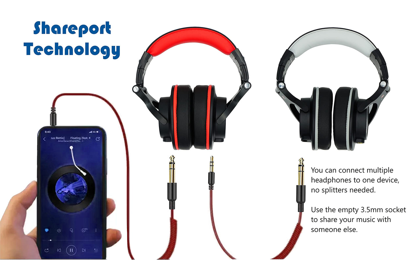 Prosonic DJ2R - Auriculares supraaurales con cable y controlador de 40 mm, auriculares plegables y ligeros con puerto compartido y micrófono para grabación, monitoreo, mezcla, podcast, guitarra, PC, TV (negro rojo)