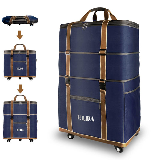 ELDA Maleta de equipaje plegable expandible, bolsa de lona plegable con ruedas grandes, maletas de viaje con ruedas para hombres y mujeres