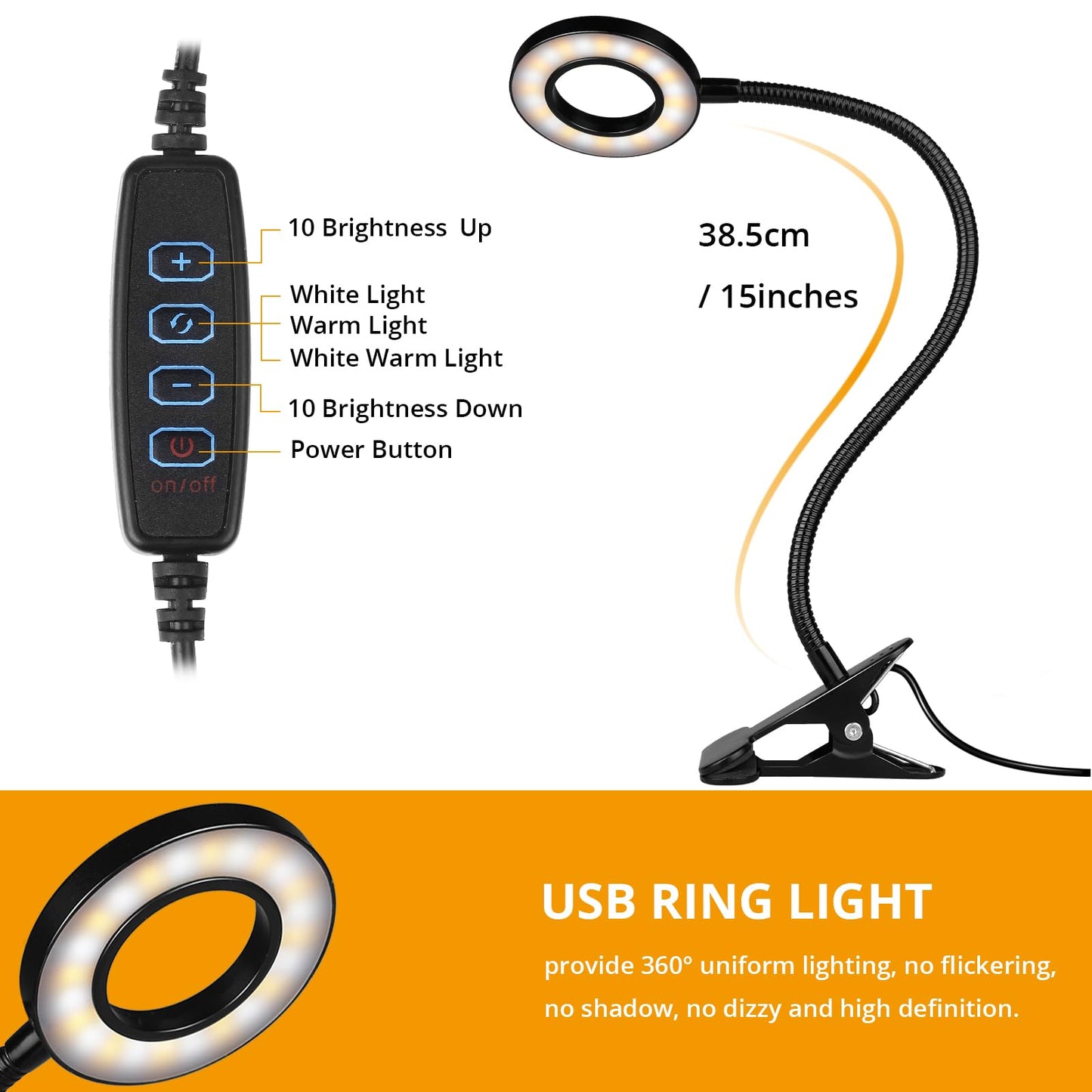 iVict Desk Lamp Clip on Light, 48 LEDs USB Clip Ring Light with 3 Color Modes 10 Dimmable Brightness, Eye Protection Desk Light, 360° Flexible Gooseneck for Desk Headboard Reading