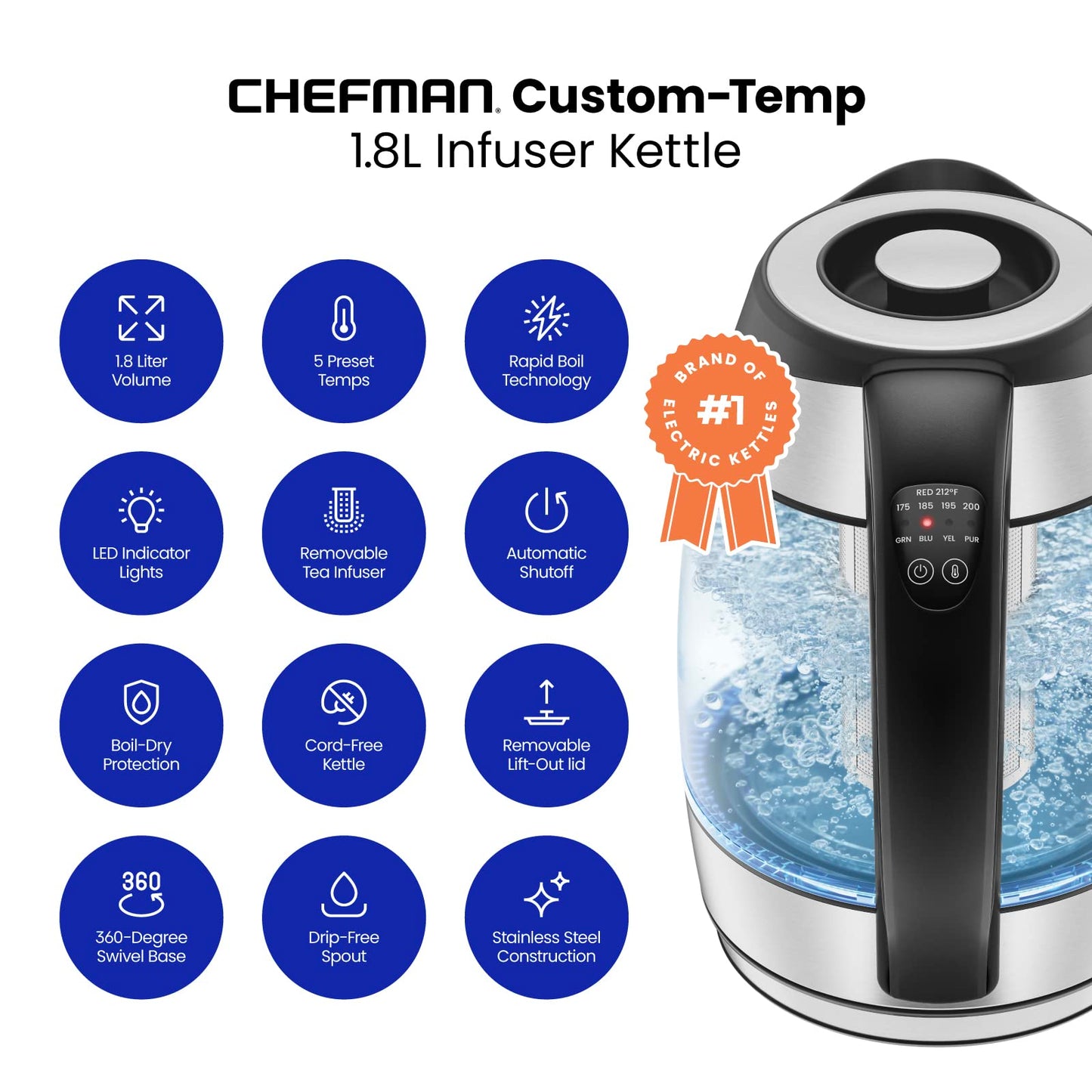 Chefman Hervidor eléctrico con control de temperatura, 5 luces indicadoras LED preestablecidas, infusor de té extraíble, tetera de vidrio y calentador de agua caliente, base giratoria de 360°, sin BPA, acero inoxidable, 1,8 litros