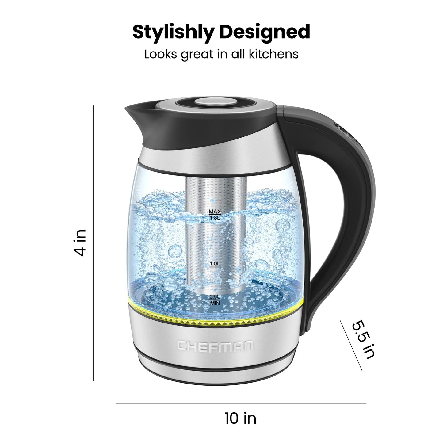 Chefman Electric Kettle with Temperature Control, 5 Presets LED Indicator Lights, Removable Tea Infuser, Glass Tea Kettle & Hot Water Boiler, 360° Swivel Base, BPA Free, Stainless Steel, 1.8 Liters