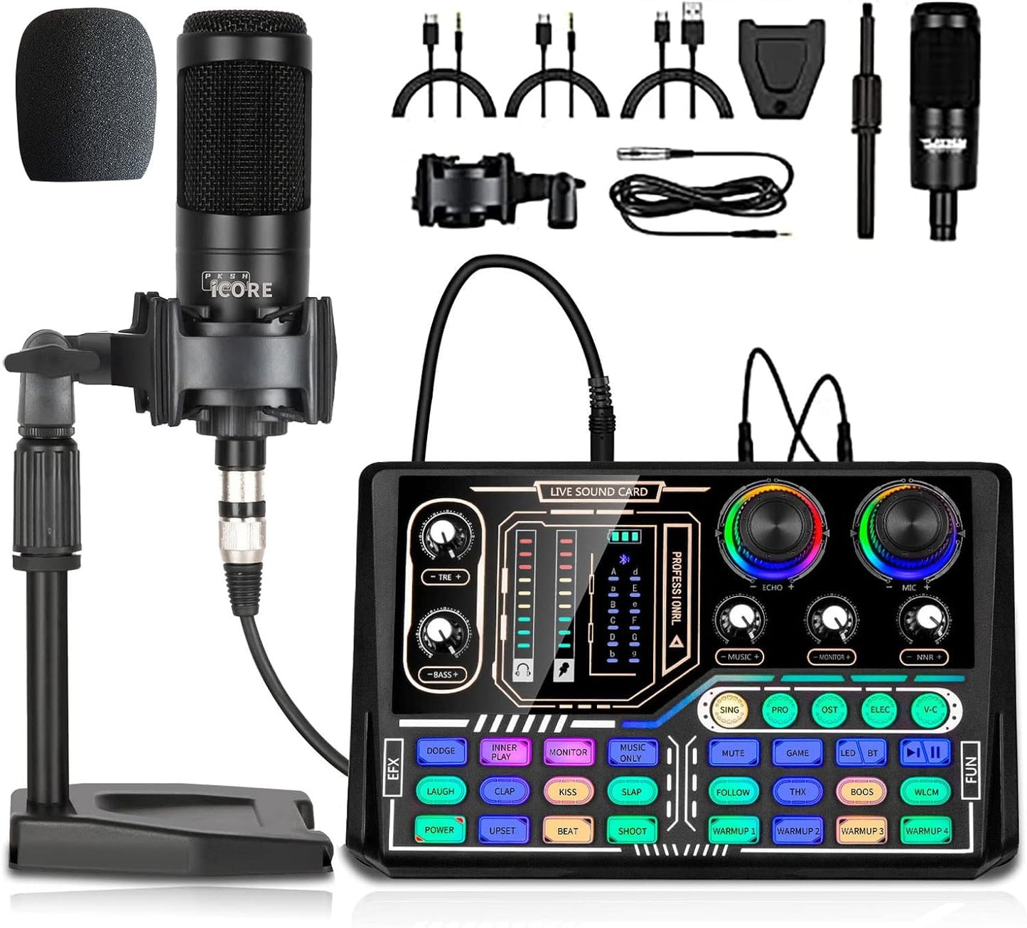 Podcast Equipment Bundle, Sound Card,Sound Board,Professional DJ Audio Interface Mixer, Portable ALL-IN-ONE Podcast Production Studio with XLR Microphone for Live Streaming, Recording and Gaming