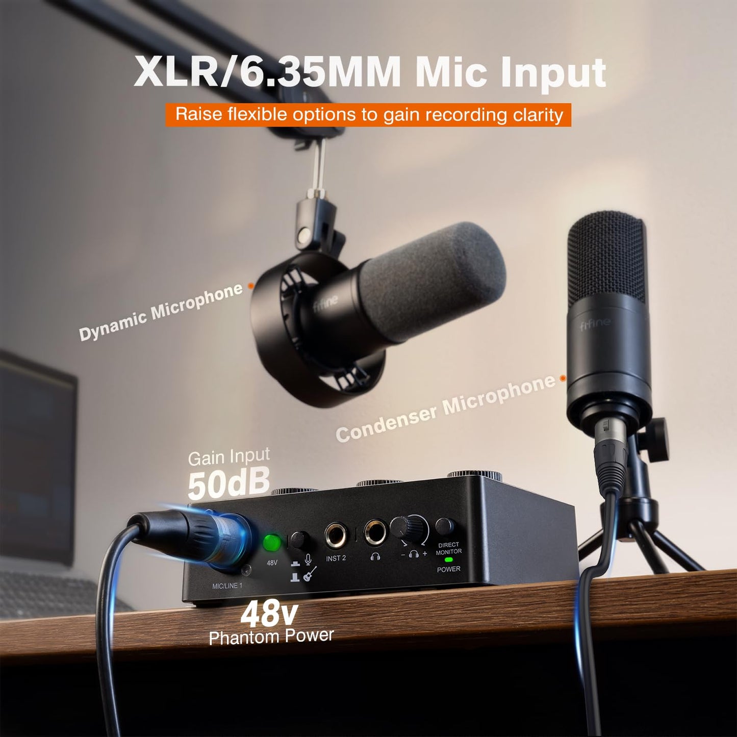 FIFINE Mezclador de PC de grabación y micrófono dinámico XLR, interfaz de audio de podcast con alimentación fantasma de 48 V, kit de perilla de ganancia, micrófono vocal con elegante rejilla metálica duradera para doblaje (Ampli1+K669D)