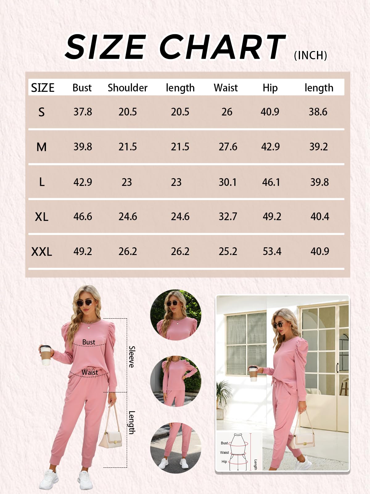 Onedreamer Lounge Sets for Women 2 Piece Pullover Puff Sleeve Sweat and Long Trousers Matching Set Tracksuits Sweatsuits (Light brown,S)