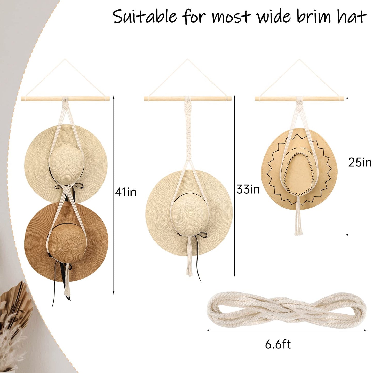 ZYP Macrame Hat Hangers Boho Hat Rack for Wall Hat Holder Display Organizer Bobo Hanging Hat Organizer Storage for Wide Brim Hats