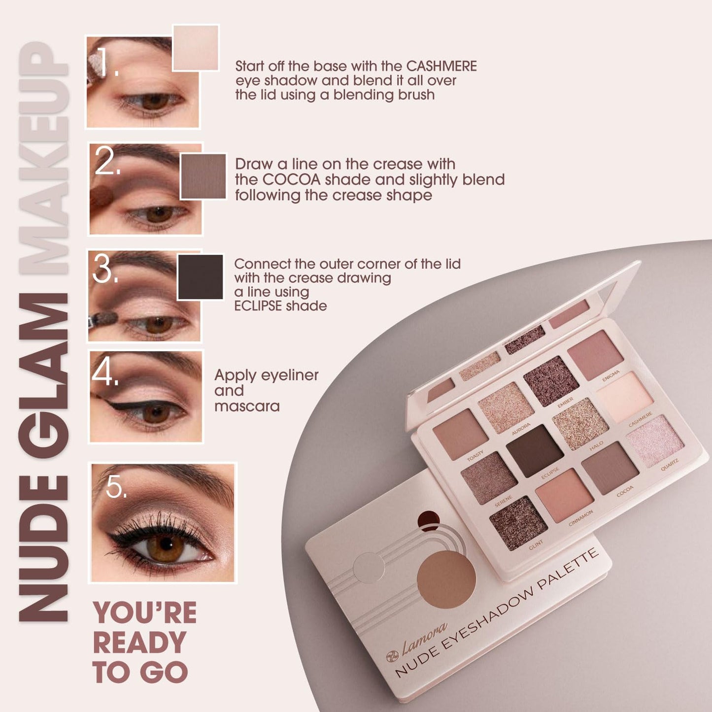 Paleta de sombras de ojos Lamora Nude - 12 tonos mate y brillantes pigmentados neutros - Sombra de ojos tamaño viaje con espejo