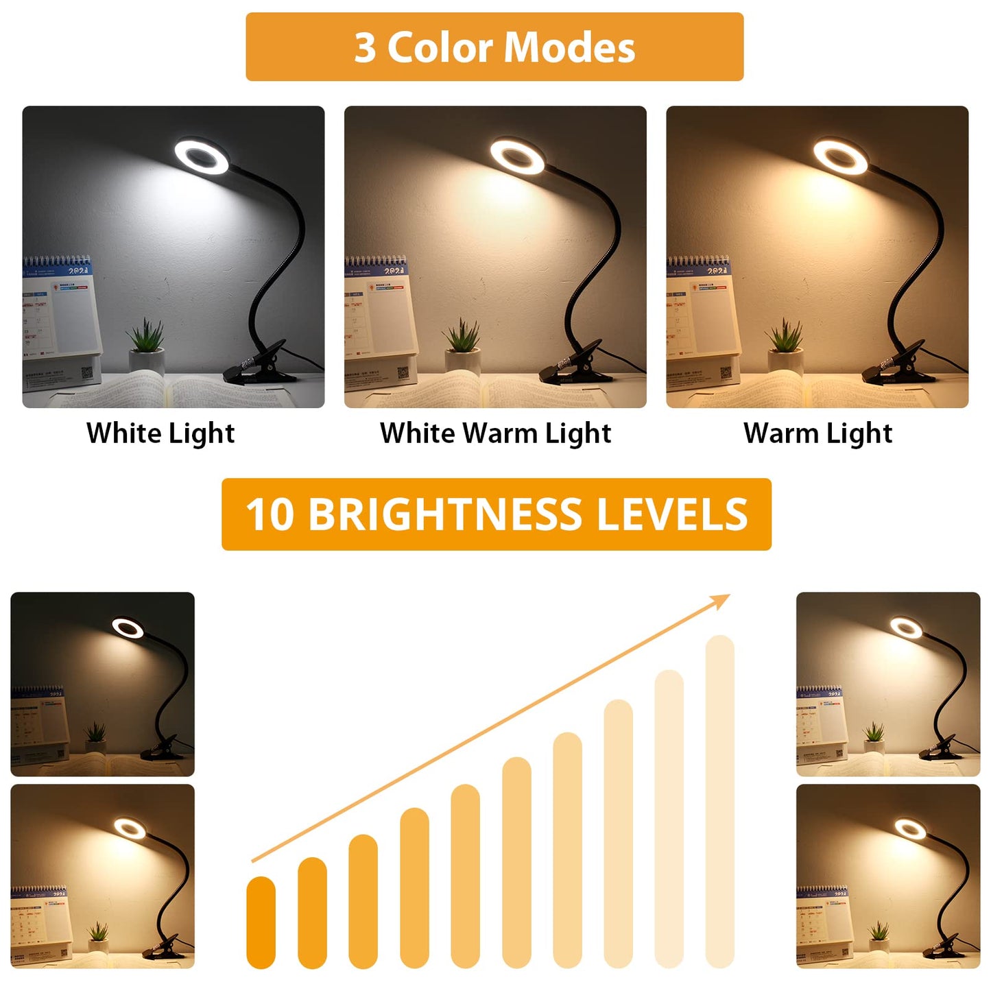 iVict Desk Lamp Clip on Light, 48 LEDs USB Clip Ring Light with 3 Color Modes 10 Dimmable Brightness, Eye Protection Desk Light, 360° Flexible Gooseneck for Desk Headboard Reading