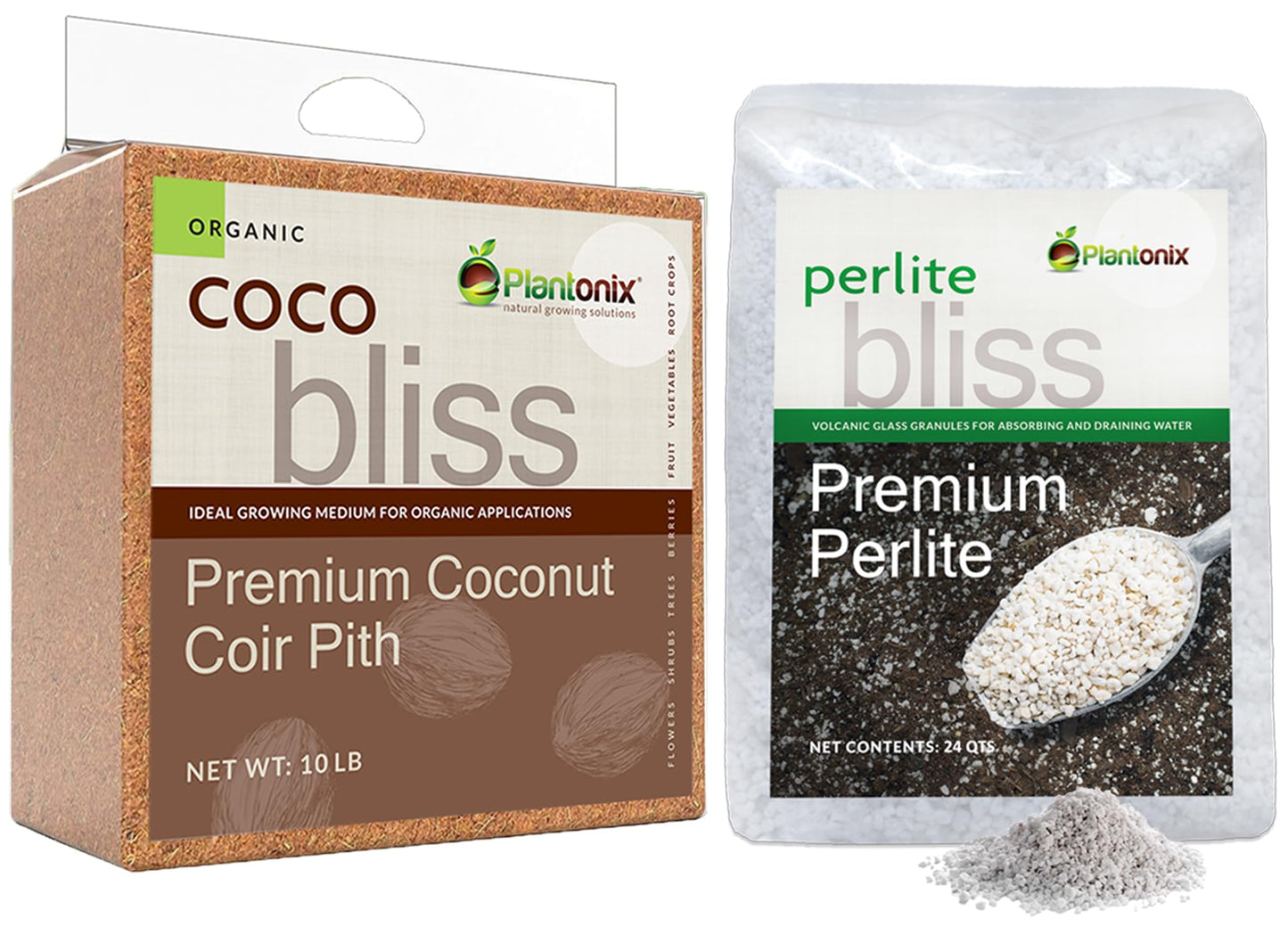 Coco Bliss Coco Coir (10 libras) + Perlita Bliss (24 Qt) - Médula de coco comprimida - Perlita hortícola - Suelo de coco renovable para flores, plantas y jardinería - Enmiendas de suelo listadas por OMRI