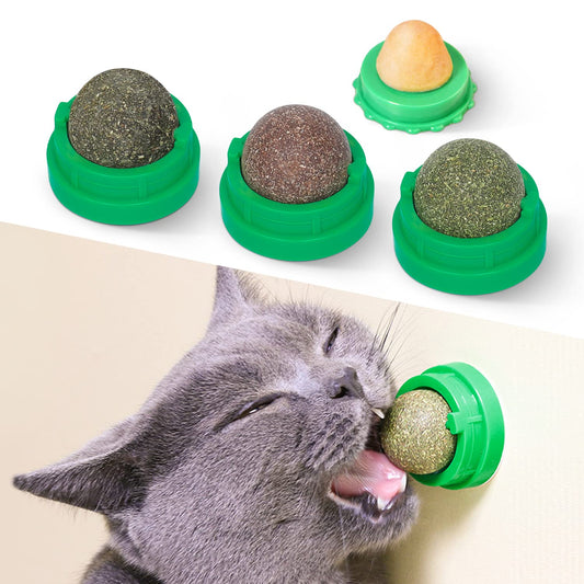 Potaroma Catnip Toys Bolas 4 piezas, bola de energía extra para gatos, juguetes comestibles Silvervine para gatos lamer, limpieza de dientes de gatito saludable, juguetes para masticar dentales, golosinas de pared para gatos (verde)