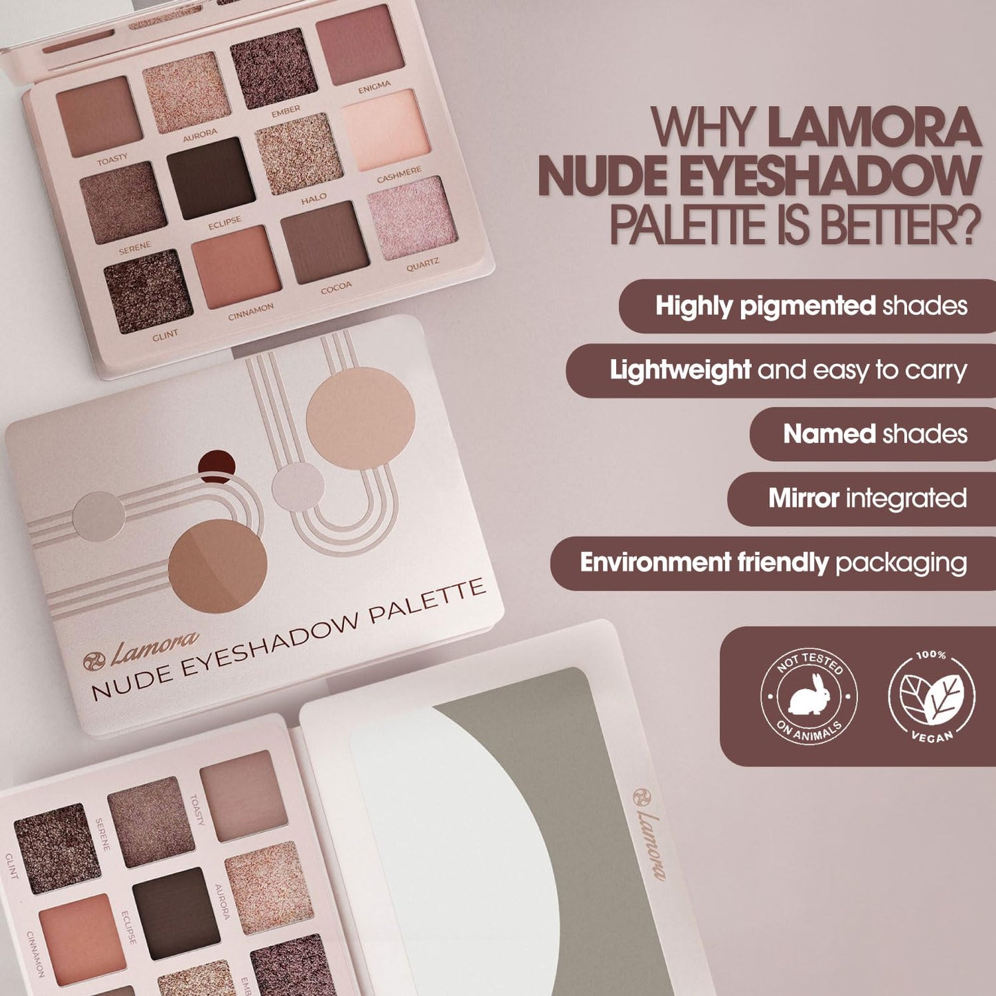 Paleta de sombras de ojos Lamora Nude - 12 tonos mate y brillantes pigmentados neutros - Sombra de ojos tamaño viaje con espejo