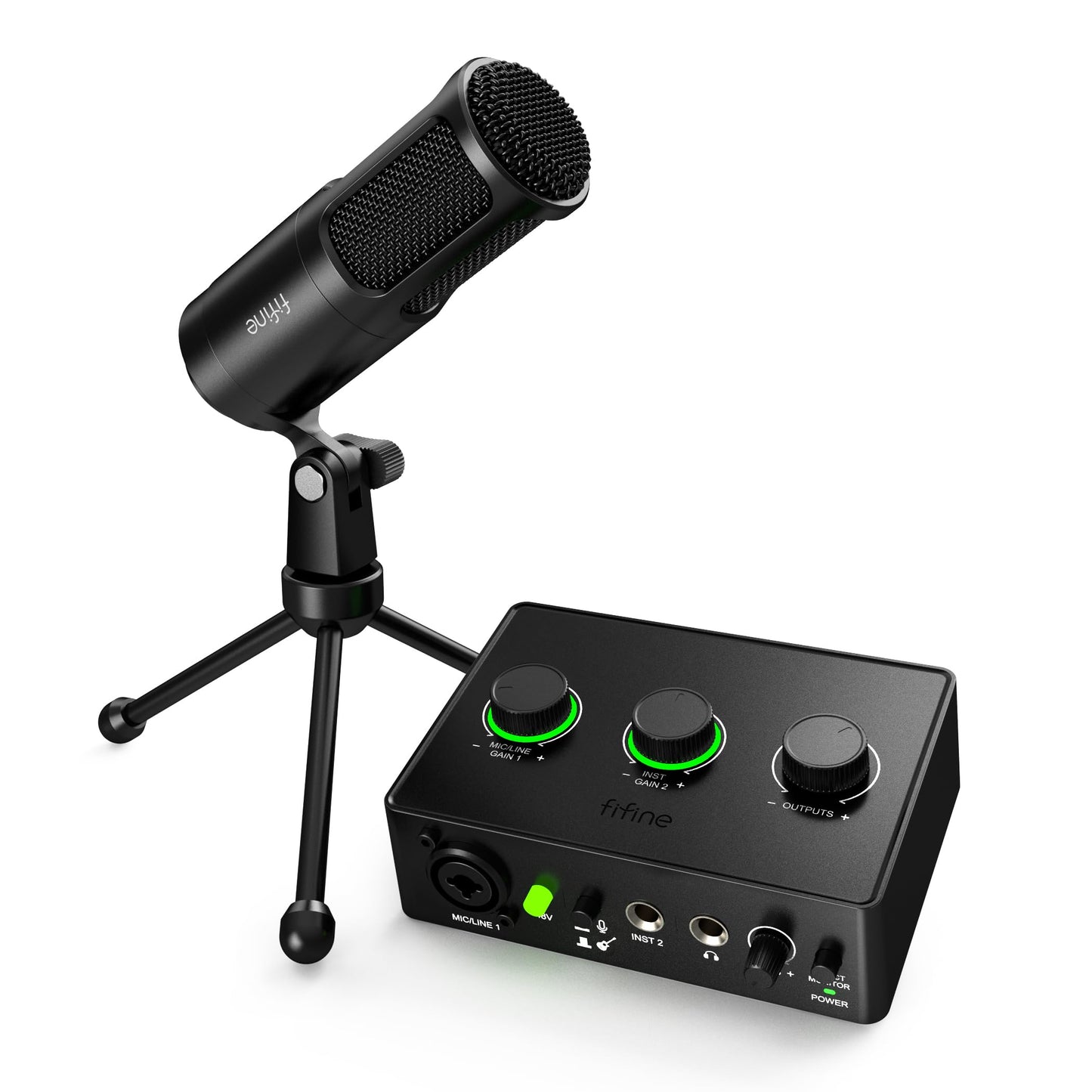 FIFINE Recording PC Mixer and XLR Dynamic Microphone Set,Podcast Audio Interface with 48V Phantom Power,Gain Knob Kit,Vocal Microphone with Sleek Metal Durable Grille for Dubbing(Ampli1+K669D)