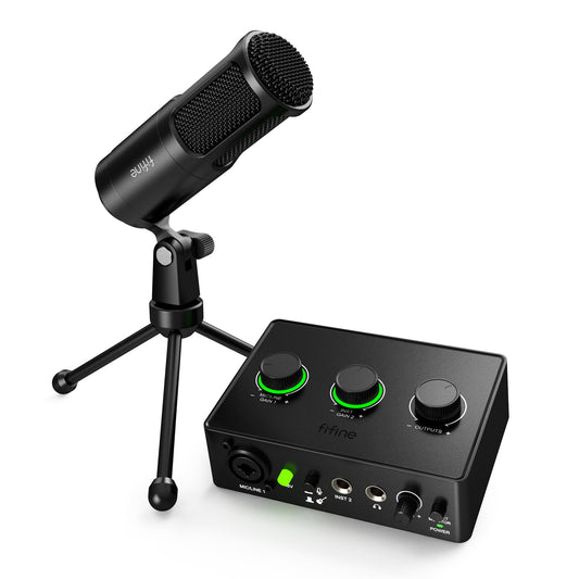 FIFINE Mezclador de PC de grabación y micrófono dinámico XLR, interfaz de audio de podcast con alimentación fantasma de 48 V, kit de perilla de ganancia, micrófono vocal con elegante rejilla metálica duradera para doblaje (Ampli1+K669D)