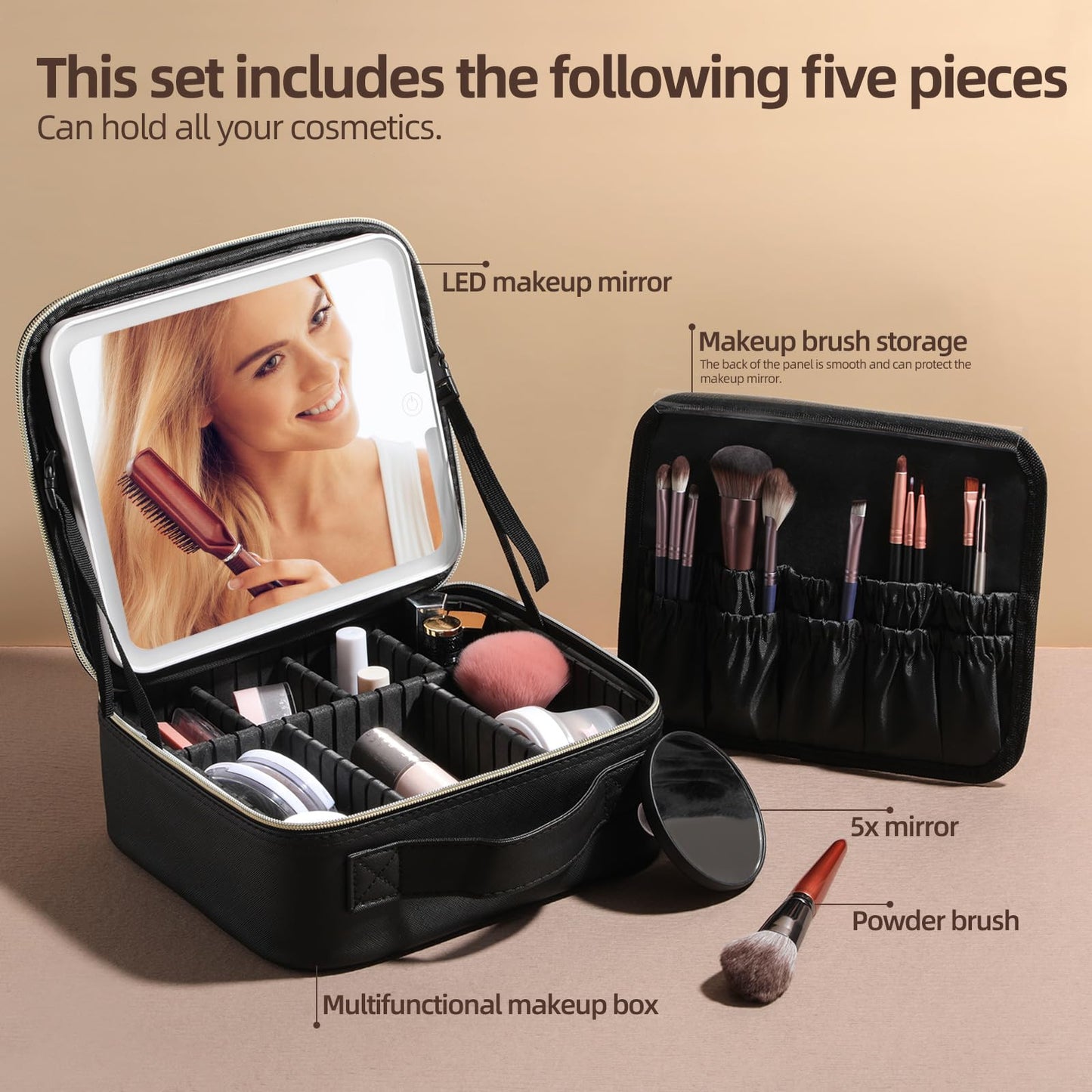 BS-MALL Makeup LED Case Makeup Brush Holder With LED Mirror Makeup Tool Organizer Bag with 18 Pcs Makeup Brushes