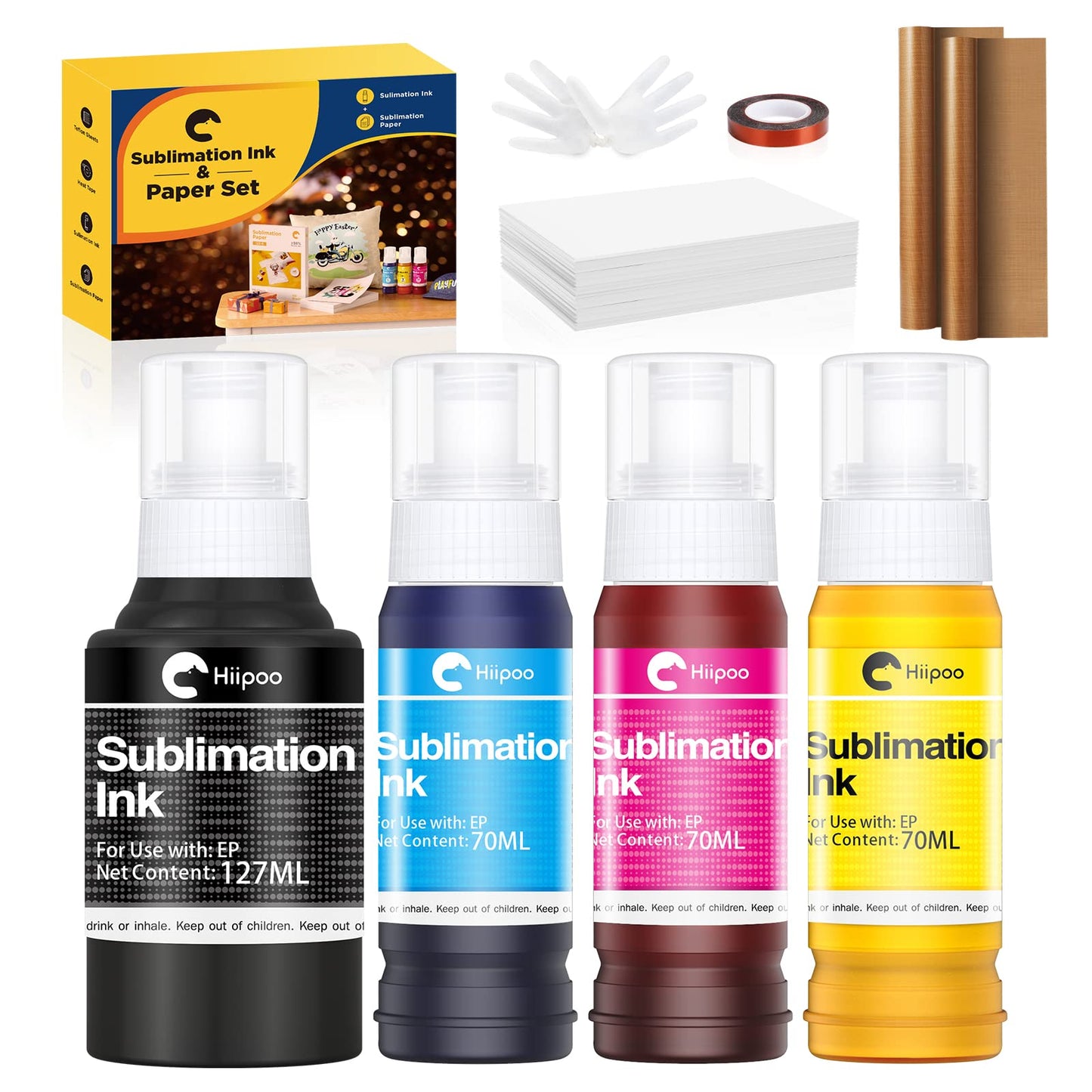 Hiipoo Sublimation Ink Set with 110 Sheet Sublimation Paper 8.5x11” 125G, 2 Pack Teflon Sheet, Heat Tape compatible for Inkjet Printer ET-2720 ET-2760 ET-2800 ET-2803 ET-2400 ET-4700 ET-4800 ET-15000