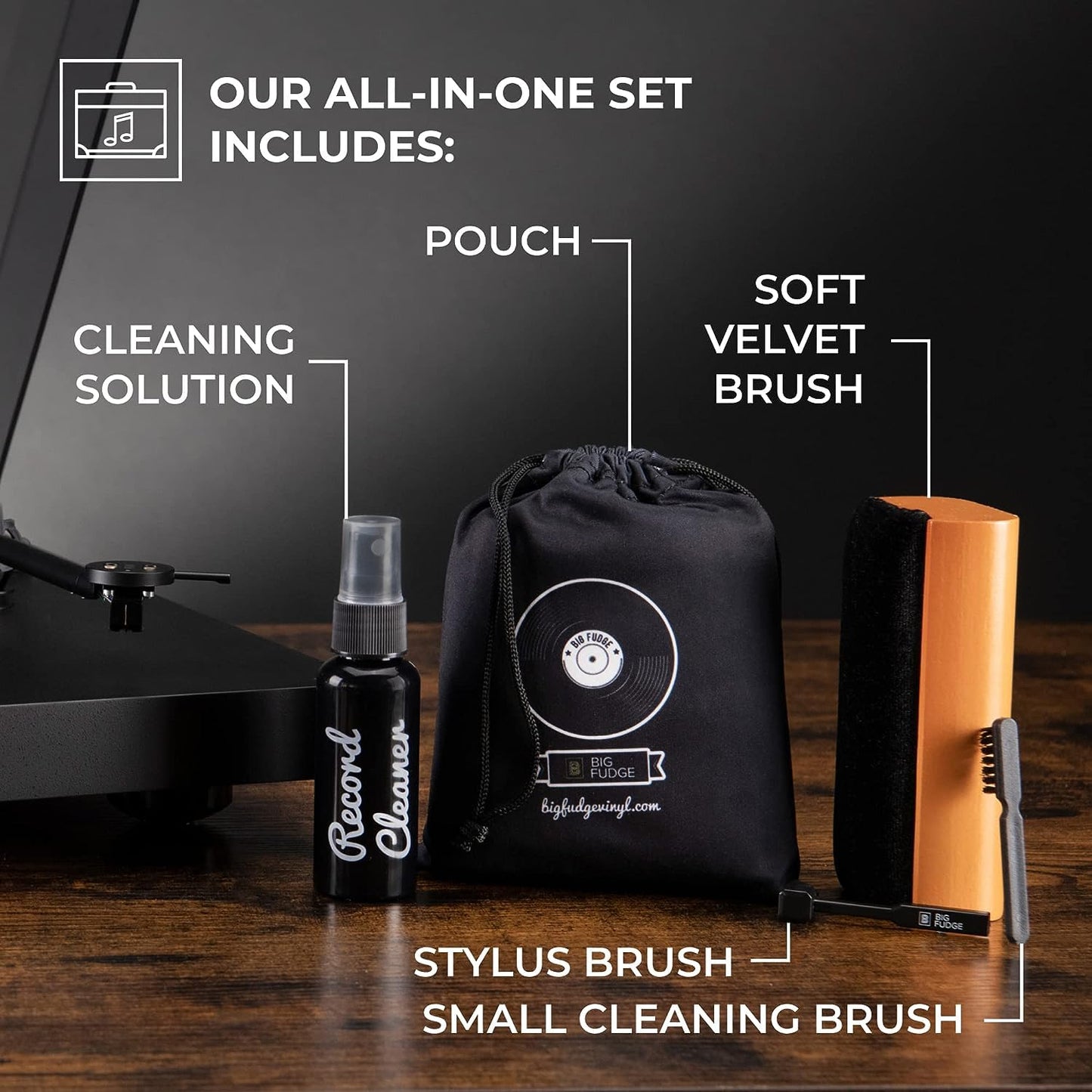 Big Fudge Vinyl Record Cleaning Kit - Complete 4-in-1 - Includes Ultra-Soft Velvet Record Brush, XL Cleaning Liquid, Stylus Brush and Storage Pouch! Will NOT Scratch Your Records
