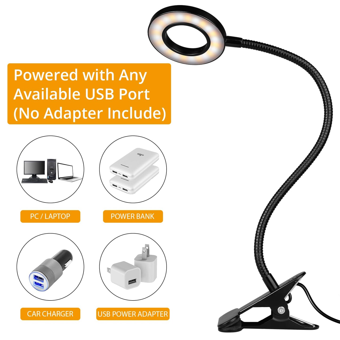 iVict Lámpara de escritorio con clip, 48 LED, anillo de luz con clip USB con 3 modos de color, 10 brillo regulable, luz de escritorio con protección para los ojos, cuello de cisne flexible de 360° para lectura de cabecera de escritorio