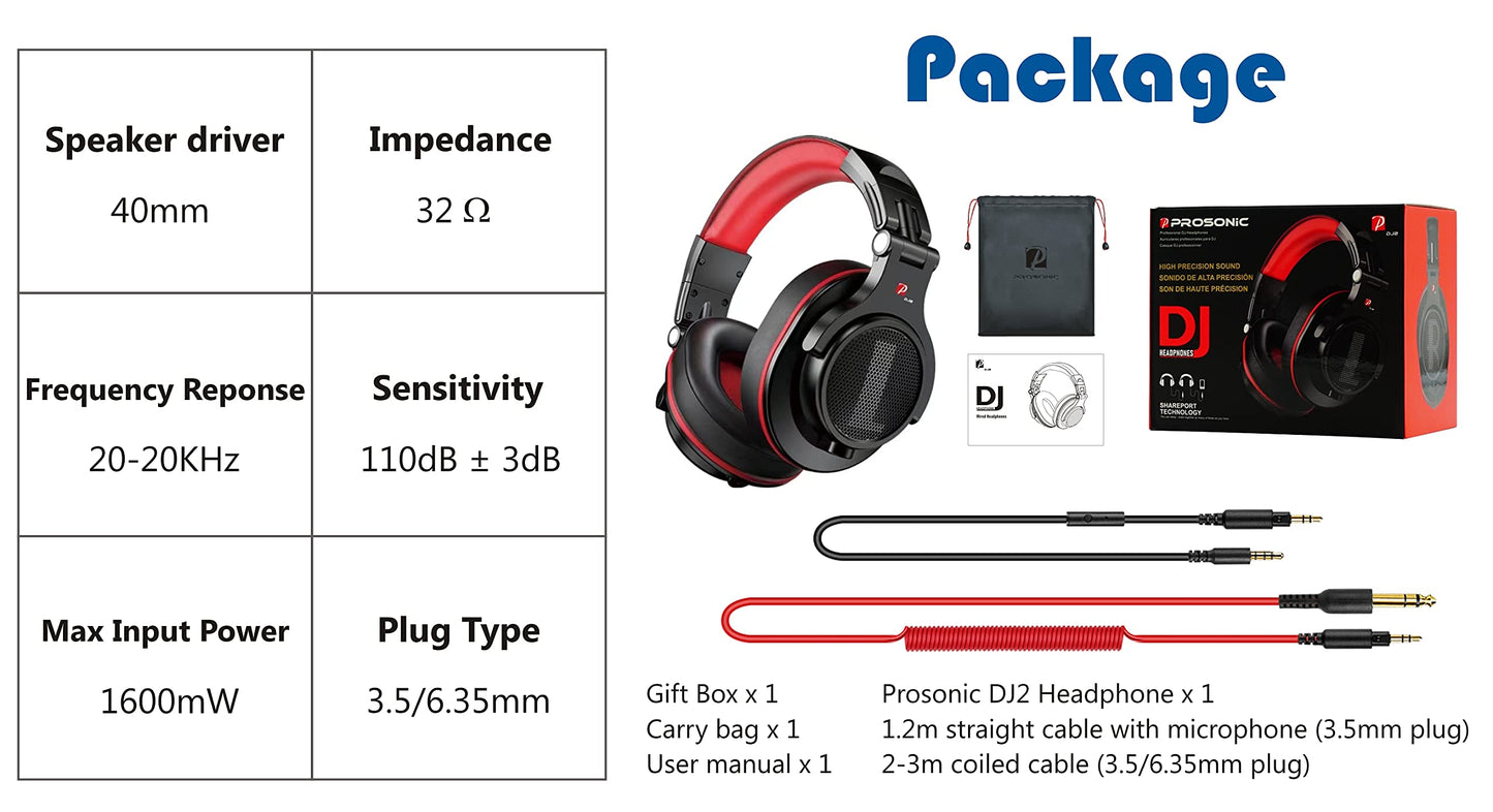 Prosonic DJ2R Over Ear Headphone, Wired Bass Headset with 40mm Driver, Foldable Lightweight Headphones with Shareport and Mic for Recording Monitoring Mixing Podcast Guitar PC TV (Black Red)