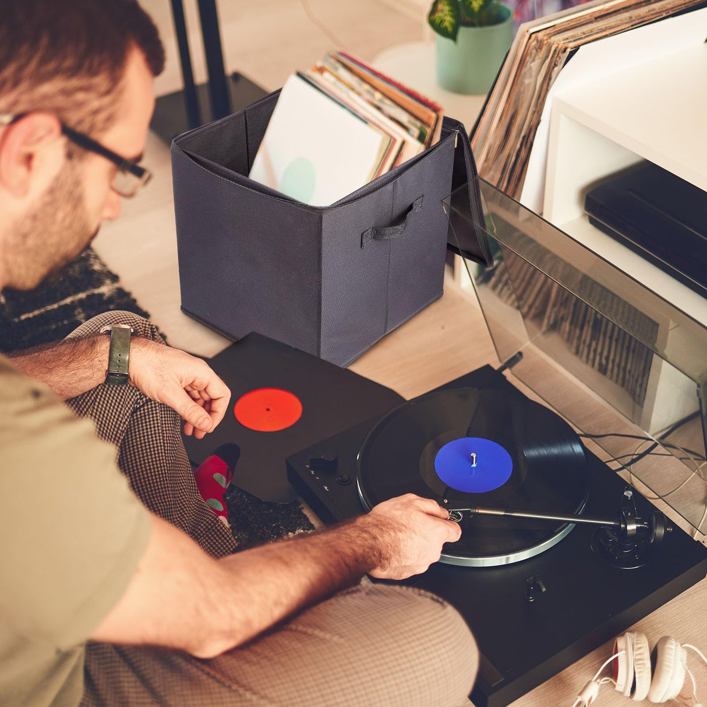 Suzile 4 Pcs Black Vinyl Record Storage Box 13.7 x 12.9 x 12.9 Inch Records Crate Fit 7, 8, 10, 12 Inch Album Storage for Vinyl Records Holds up to 90 Record Holder Vinyl Record Case LP Record Bin