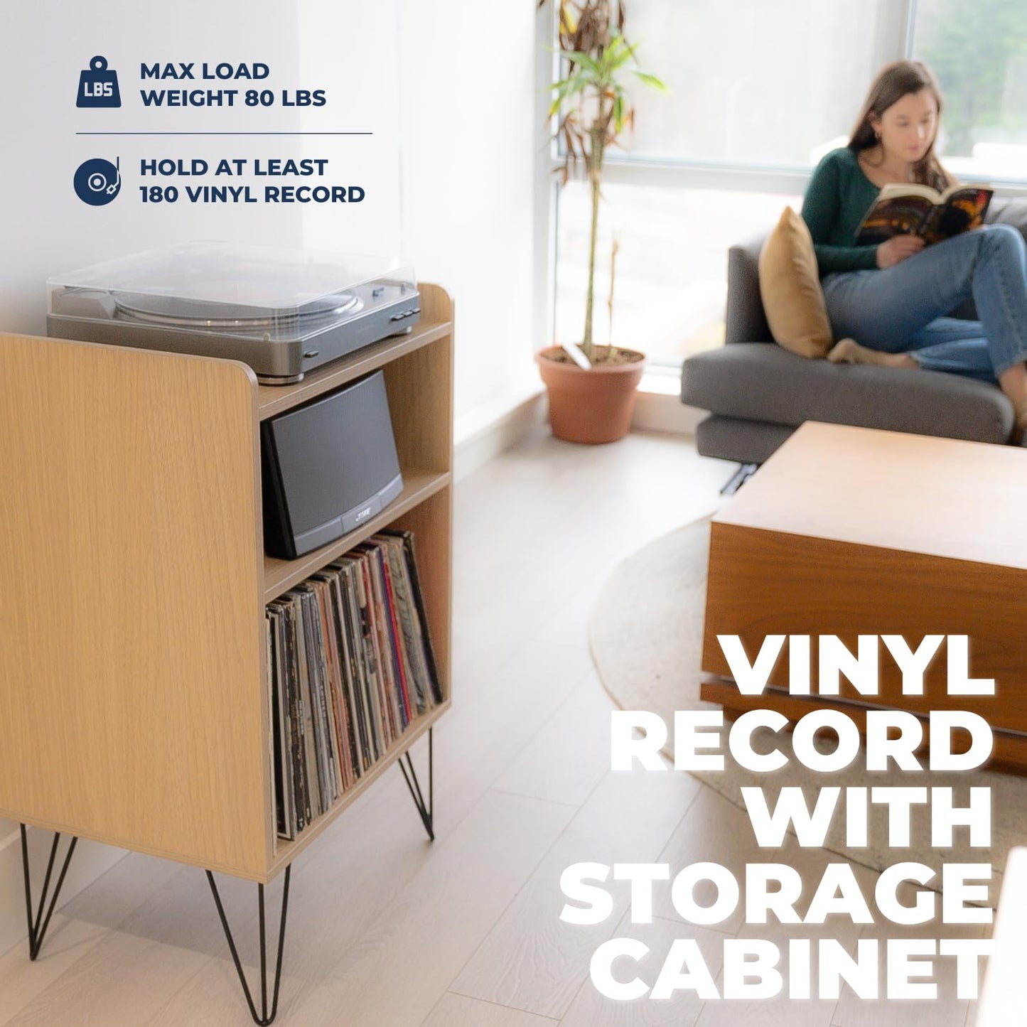 CalmHouse Record Player Stand with Metal Legs - 3 Tier Turntable Stand - 21 x 16 x 33 Inches - Store Up to 180 Albums - Perfect for Living Room, Office (Light Beech Wood)