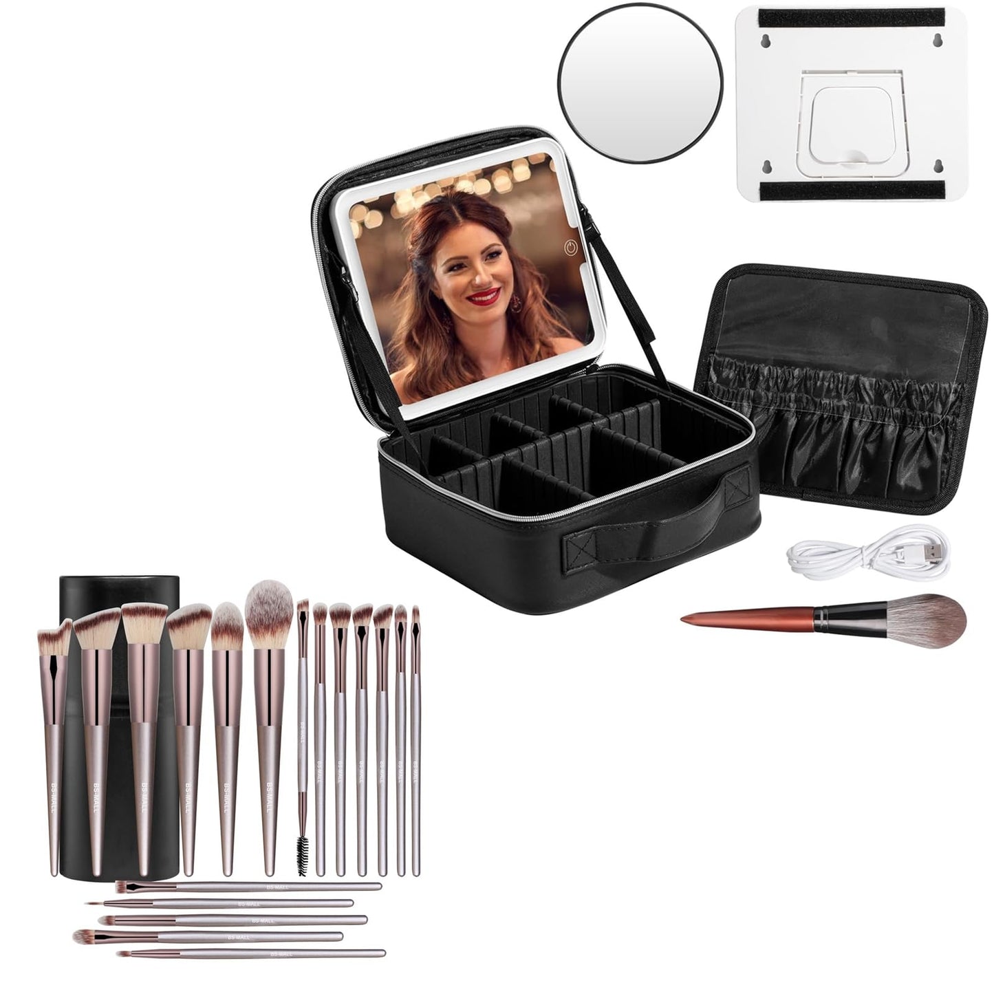 BS-MALL Estuche LED para maquillaje, soporte para brochas de maquillaje con espejo LED, bolsa organizadora de herramientas de maquillaje con 18 brochas de maquillaje