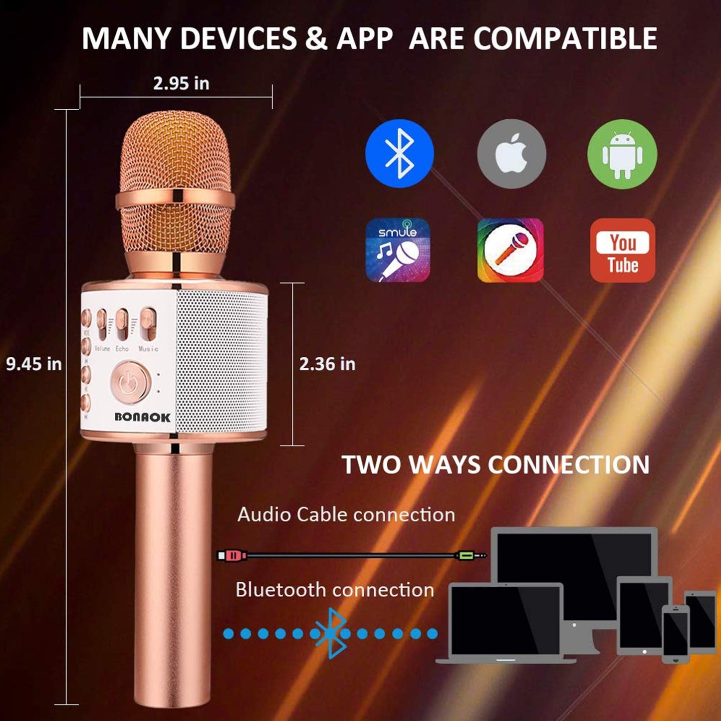 BONAOK Micrófono inalámbrico de karaoke Bluetooth, altavoz portátil 3 en 1 para todos los teléfonos inteligentes, regalos para niñas, niños, adultos de todas las edades Q37 (oro rosa)