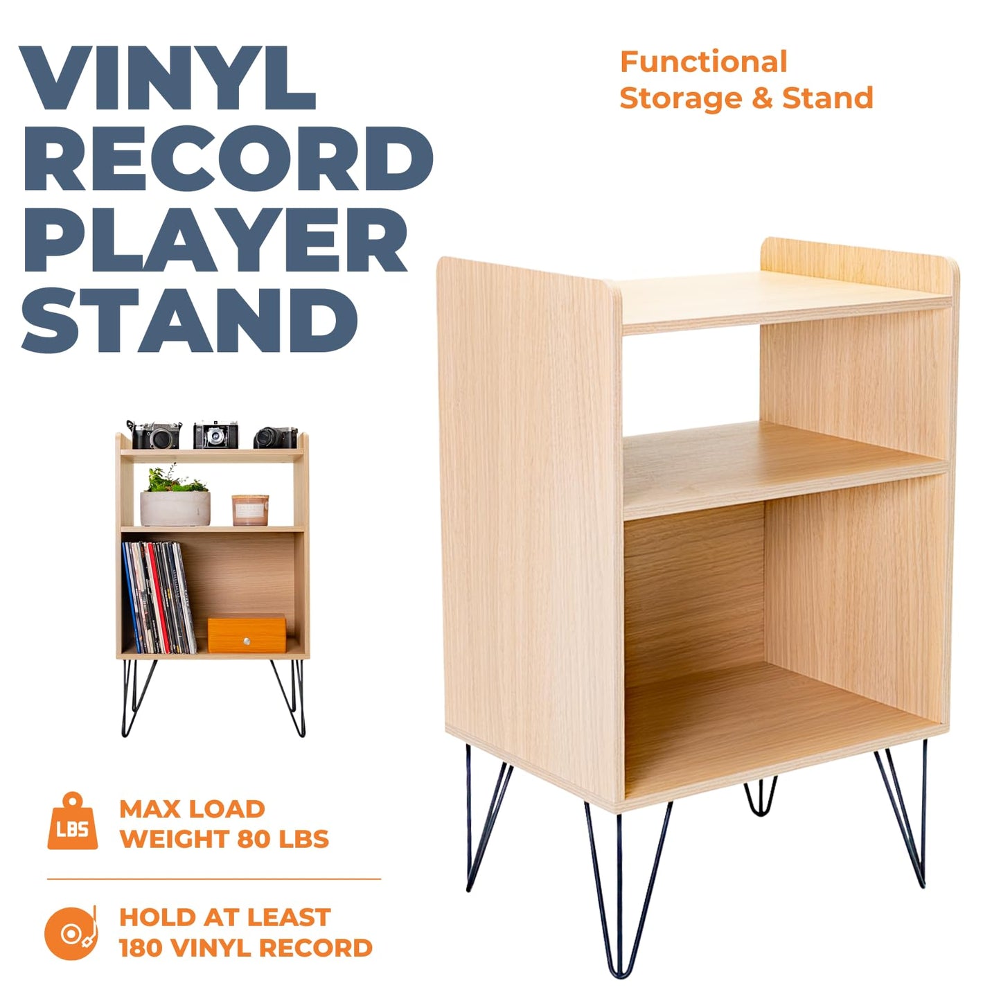 CalmHouse Record Player Stand with Metal Legs - 3 Tier Turntable Stand - 21 x 16 x 33 Inches - Store Up to 180 Albums - Perfect for Living Room, Office (Light Beech Wood)
