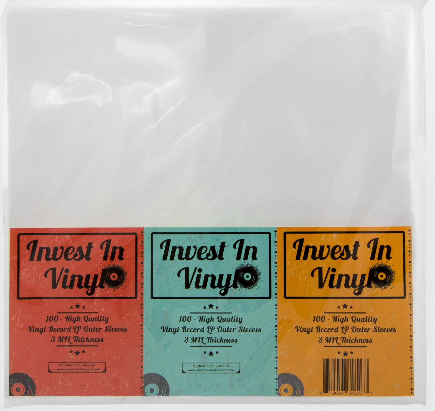 Invest In Vinyl 100 Fundas exteriores protectoras de plástico transparente LP 3 Mil. Las fundas para discos de vinilo de 12,75 x 12,5 pulgadas brindan a su colección de LP la protección adecuada